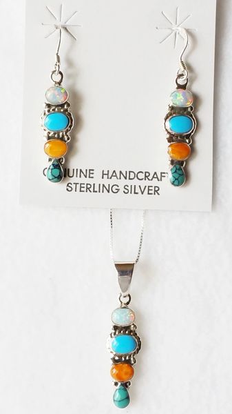 Sterling silver multi color 4 spot dangle earrings and 18" sterling silver box chain necklace set. S039