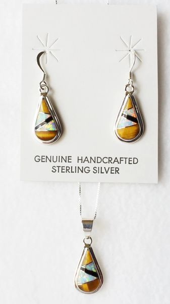 Sterling silver white opal, tiger eye and black onyx inlay teardrop dangle earrings and 18" sterling silver box chain necklace set. S042