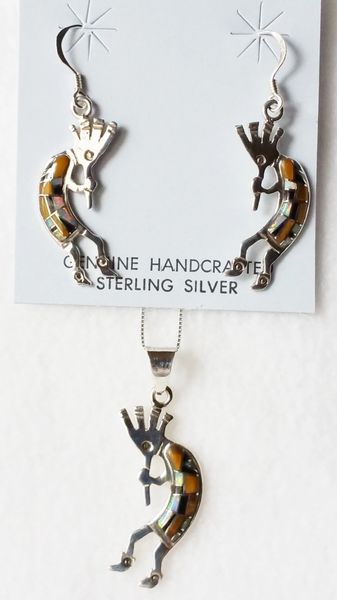 Sterling silver white opal, tiger eye and black onyx inlay kokopelli dangle earrings and 18" sterling silver box chain necklace set. S044