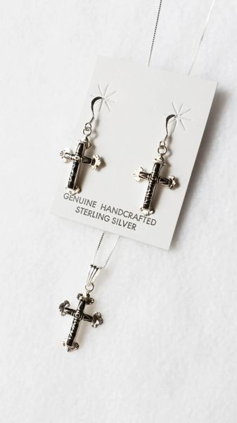 Sterling silver black onyx inlay cross dangle earrings and 18" sterling silver box chain necklace set. S061