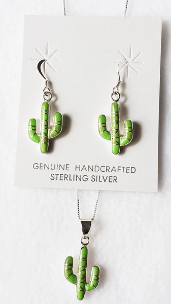 Sterling silver gaspeite inlay cactus dangle earrings and 18" sterling silver box chain necklace set. S065