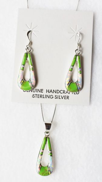 Sterling silver gaspeite and opal inlay hollow raindrop dangle earrings and 18" sterling silver box chain necklace set. S066