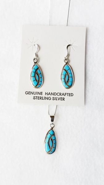 Sterling silver turquoise inlay corn cob dangle earrings and 18" sterling silver box chain necklace set. S068