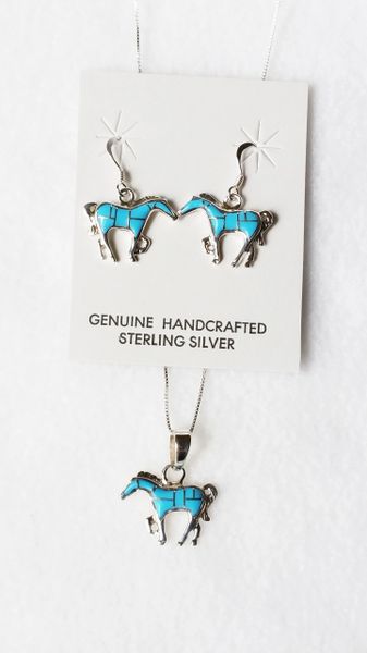 Sterling silver turquoise inlay horse dangle earrings and 18" sterling silver box chain necklace set. S070