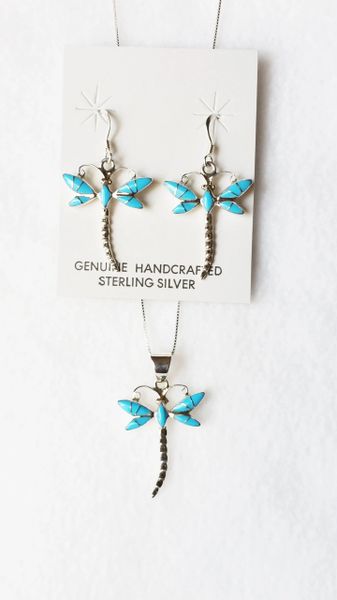 Sterling silver turquoise inlay dragonfly dangle earrings and 18" sterling silver box chain necklace set. S082