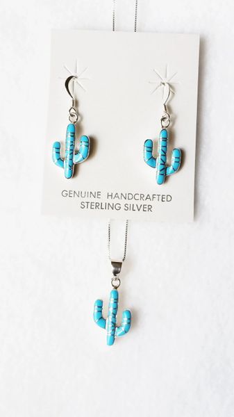 Sterling silver turquoise inlay cactus dangle earrings and 18" sterling silver box chain necklace set. S084