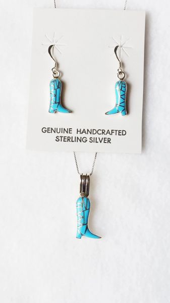 Sterling silver turquoise inlay cowboy boot dangle earrings and 18" sterling silver box chain necklace set. S087