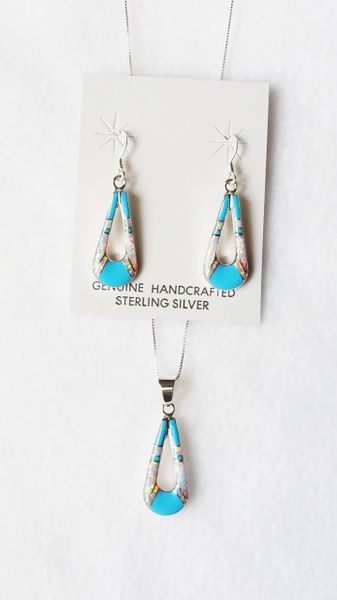 Sterling silver turquoise and opal inlay hollow raindrop dangle earrings and 18" sterling silver box chain necklace set. S089