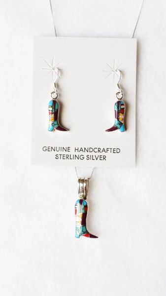 Sterling silver multi color inlay cowboy boots dangle earrings and 18" sterling silver box chain necklace set. S094