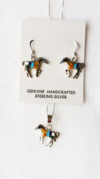 Sterling silver multi color inlay horse dangle earrings and 18" sterling silver box chain necklace set. S099