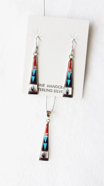 Sterling silver multi color inlay tall triangle dangle earrings and 18" sterling silver box chain necklace set. S101
