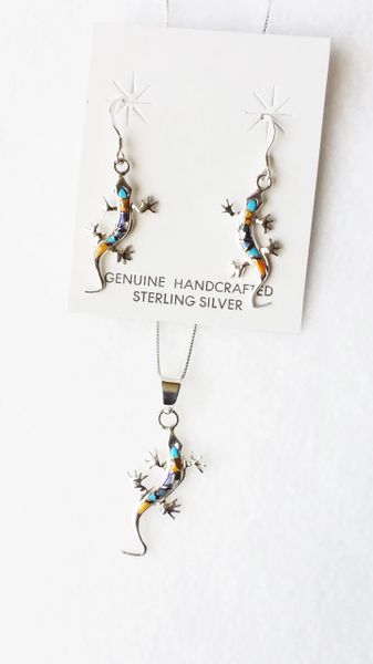 Sterling silver multi color inlay small lizard turquoise, tigers eye and more dangle earrings and 18" sterling silver box chain necklace set. S103