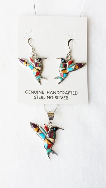 Sterling silver multi color inlay hummingbird with turquoise tail dangle earrings and 18" sterling silver box chain necklace set. S104