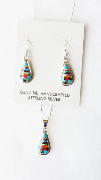 Sterling silver multi color inlay with opal raindrop dangle earrings and 18" sterling silver box chain necklace set. S108