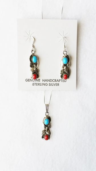 Sterling silver turquoise and coral dangle earrings and 18" sterling silver box chain necklace set. S109