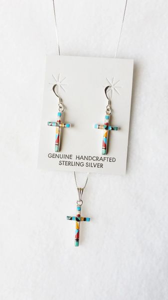 Sterling silver multi color inlay cross dangle earrings and 18" sterling silver box chain necklace set. S111