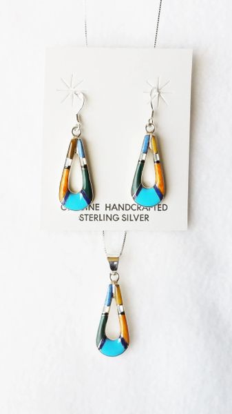 Sterling silver multi color inlay hollow center teardrop (with mother of pearl) dangle earrings and 18" sterling silver box chain necklace set. S114