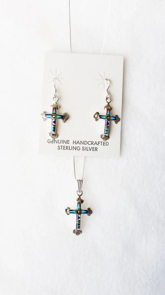 Sterling silver multi color inlay cross with tips dangle earrings and 18" sterling silver box chain necklace set. S121