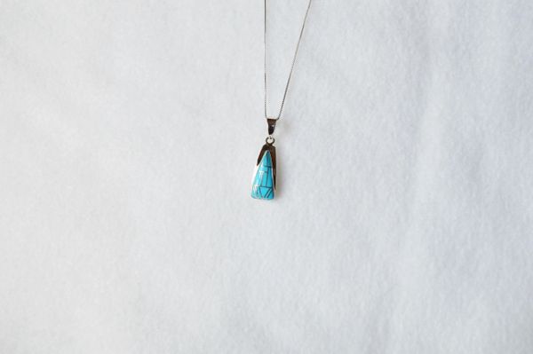 Sterling silver and turquoise inlay triangle pendant with 18" sterling silver box chain. N001