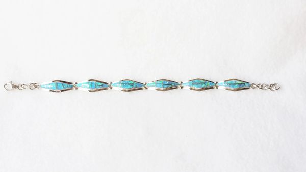 Sterling silver blue opal inlay 8" link bracelet. B002