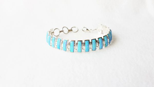 Sterling silver blue opal 8" rectangle link bracelet. B010