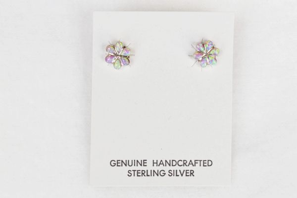 Sterling silver pink opal flower post earrings (E021)