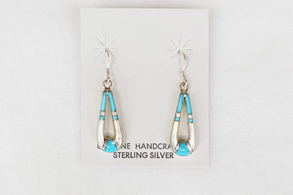 Sterling silver turquoise and mother of pearl inlay teardrop dangle earrings. (E036)