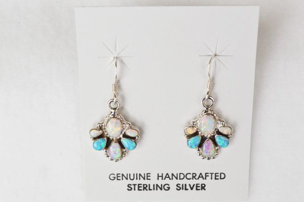 Sterling silver blue, pink and white opal multi teardrop dangle earrings. E135