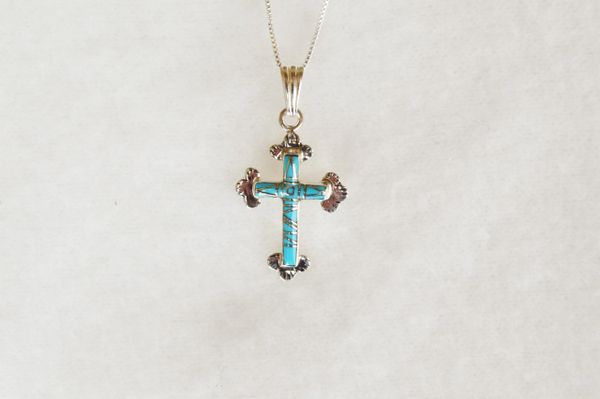 Sterling silver turquoise inlay cross pendant with sterling silver 18" box chain. N005