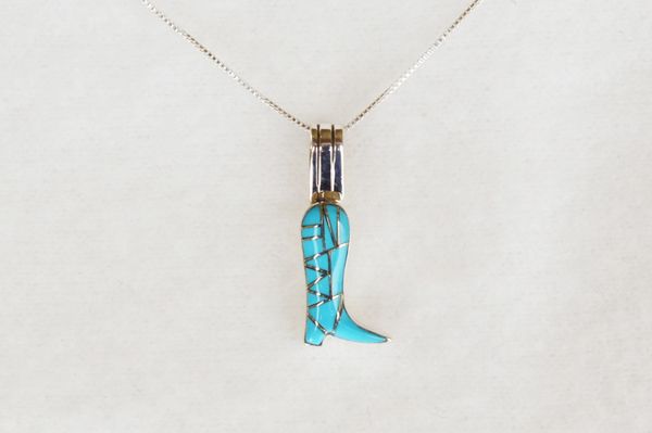 Sterling silver turquoise cowboy boot pendant with sterling silver 18" box chain. N007