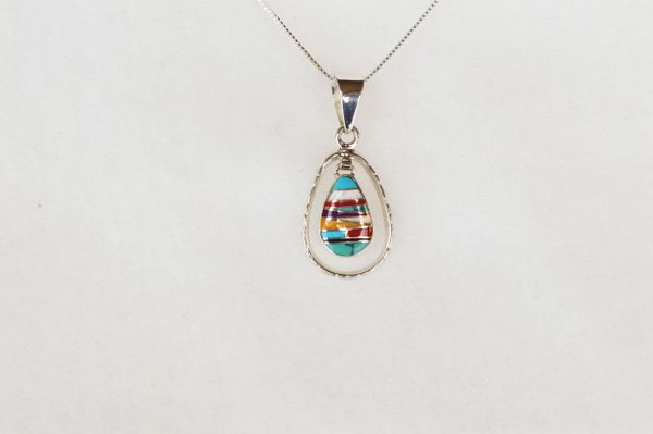 Sterling silver multi color inlay teardrop in hoop pendant with sterling silver 18" box chain. N011