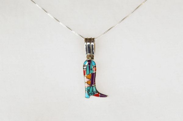 Sterling silver multi color inlay boot pendant with sterling silver 18" box chain. N014