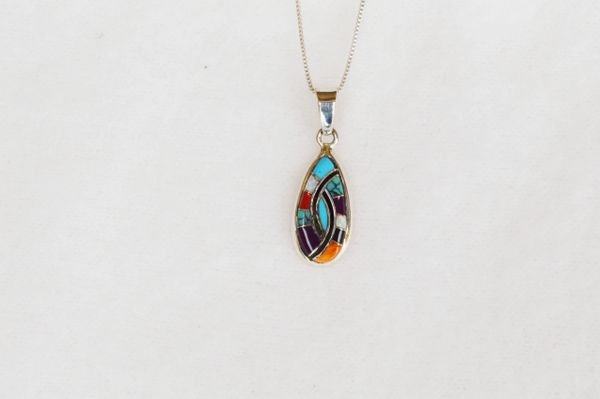 Sterling silver multi color inlay corn cob shape pendant with sterling silver 18" box chain. N015