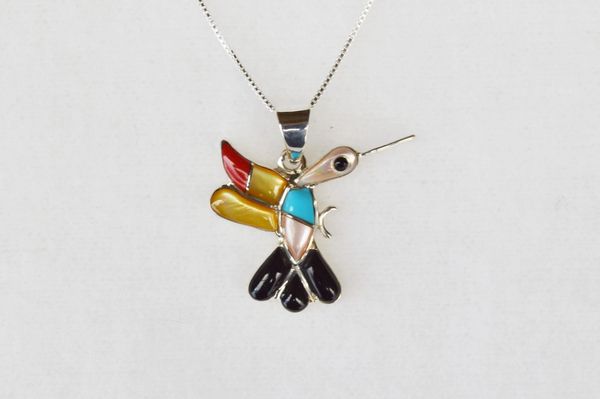 Sterling silver multi color inlay hummingbird with black onyx tail pendant with sterling silver 18" box chain. N022