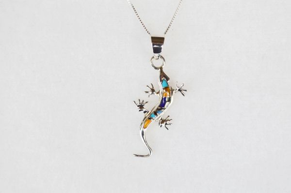Sterling silver multi color inlay lizard pendant with sterling silver 18" box chain. N023