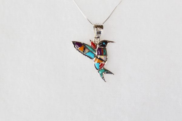 Sterling silver multi color inlay hummingbird with turquoise tail pendant and sterling silver 18" box chain. N024