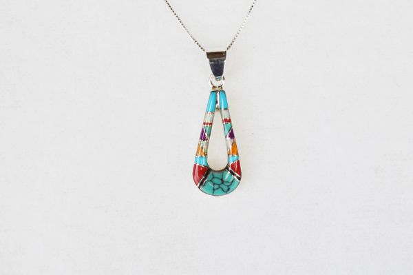 Sterling silver multi color inlay hollow teardrop pendant with sterling silver 18" box chain. N025