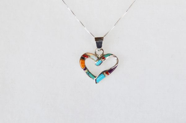 Sterling silver multi color inlay heart pendant with sterling silver 18" box chain. N026