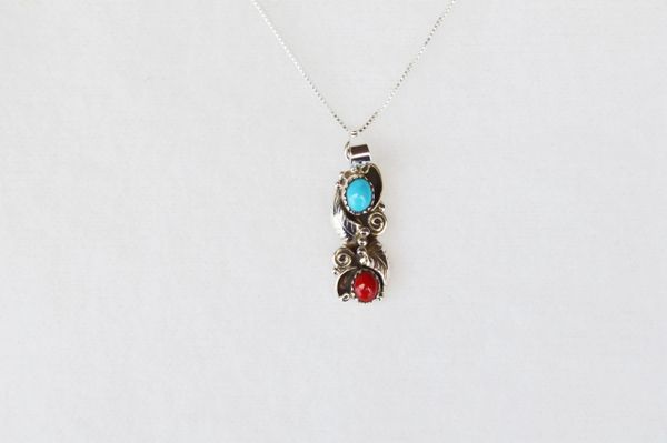 Sterling silver turquoise and coral southwest pendant with sterling silver 18" box chain. N029