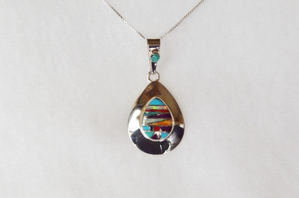 Sterling silver multi color inlay raindrop pendant with spot on bale and sterling silver 18" box chain. N030