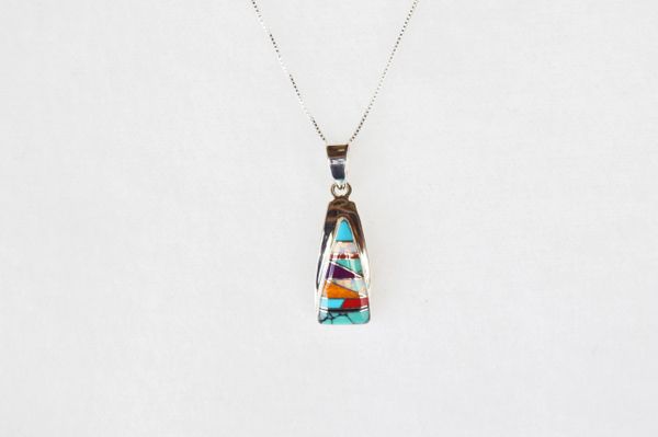 Sterling silver multi color inlay triangle pendant with sterling silver 18" box chain. N031
