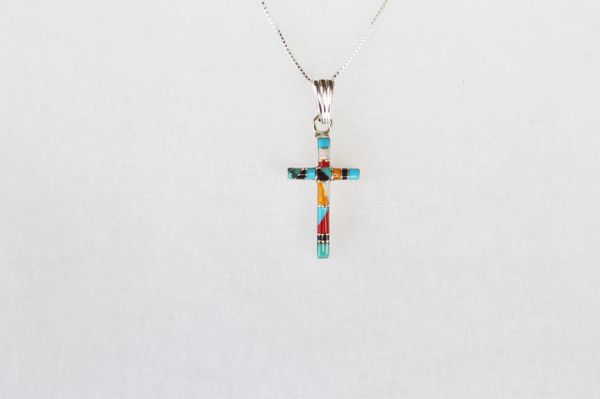 Sterling silver multi color inlay cross pendant with sterling silver 18" box chain. N032