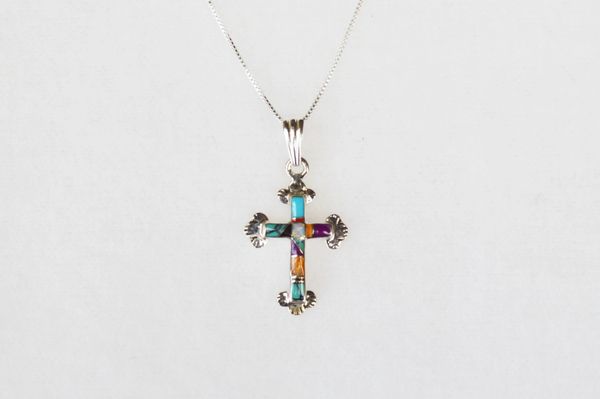 Sterling silver multi color inlay cross with flair tips pendant and sterling silver 18" box chain. N034