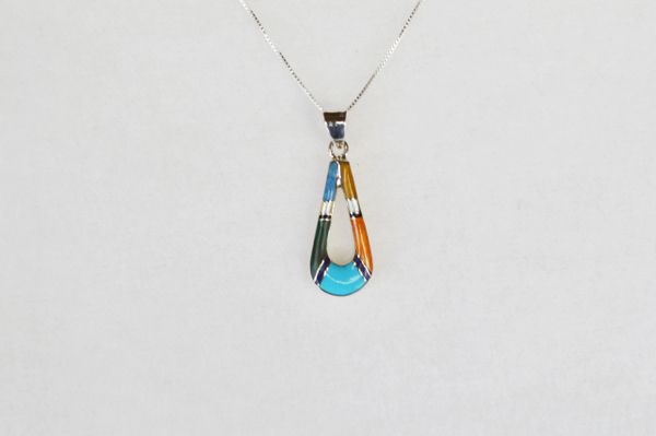 Sterling silver multi color inlay hollow teardrop pendant with sterling silver 18" box chain. N035