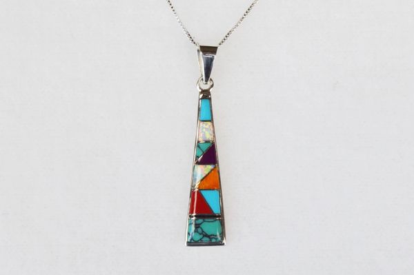 Sterling silver multi color inlay tower triangle pendant with sterling silver 18" box chain. N040