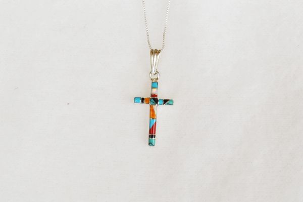 Sterling silver multi color stone inlay cross pendant with 18" sterling silver box chain. N047.