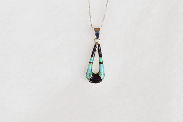 Sterling silver black onyx and blue opal inlay teardrop with hollow center pendant with 18" sterling silver box chain. N048.