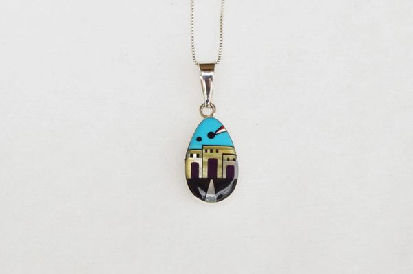 Sterling silver adobe inlay teardrop pendant with 18" sterling silver box chain. N051.
