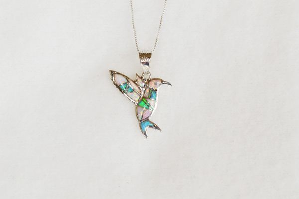 Sterling silver white opal, blue opal, pink opal and turquoise hummingbird pendant with 18" sterling silver box chain. N053.