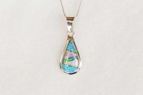 Sterling silver white, blue and pink opal inlay teardrop pendant with sterling silver 18" box chain. N059.